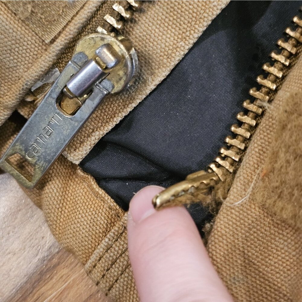 VTG CARHARTT Chore Coat Hooded Tan Canvas CQ196 Sz 42 Tall Large‎ Broke Zipper - Picture 8 of 16